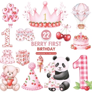 Clipart premier anniversaire de baies, une douce fraise PNG, Art coquette de shower de bébé, aquarelle de baies roses, noeud Vichy, usage Commercial