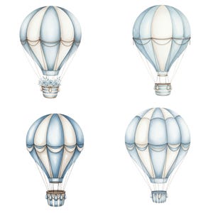 Charming air travel-themed nursery clipart with blue hot air balloon, cute sky illustrations, and pastel tones for digital scrapbook use