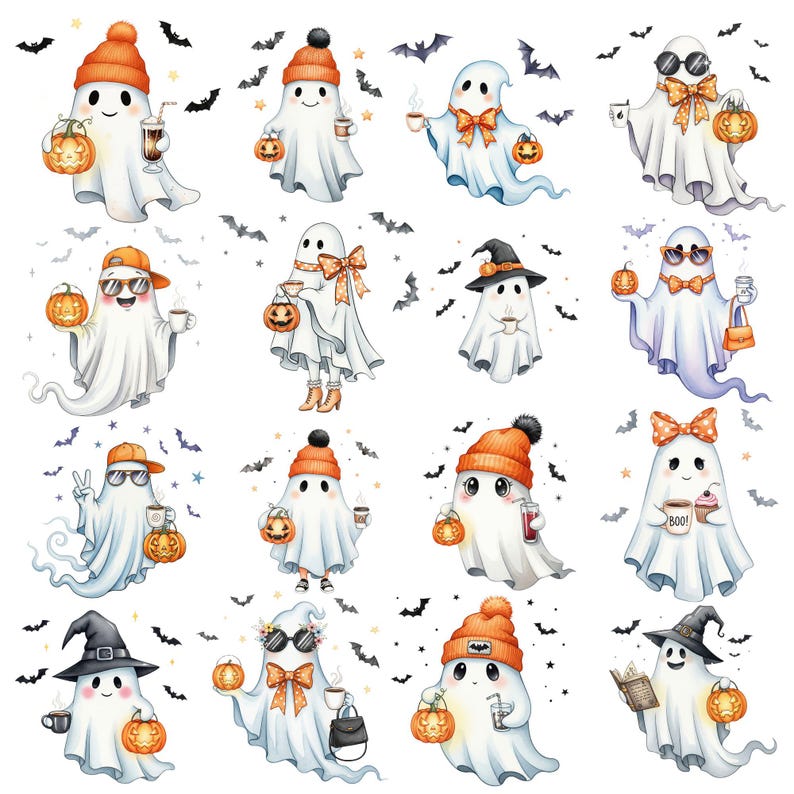 Adorable watercolor ghost clipart set featuring sheet ghosts, pumpkins, and spooky season designs for DIY invitations and fall decor.