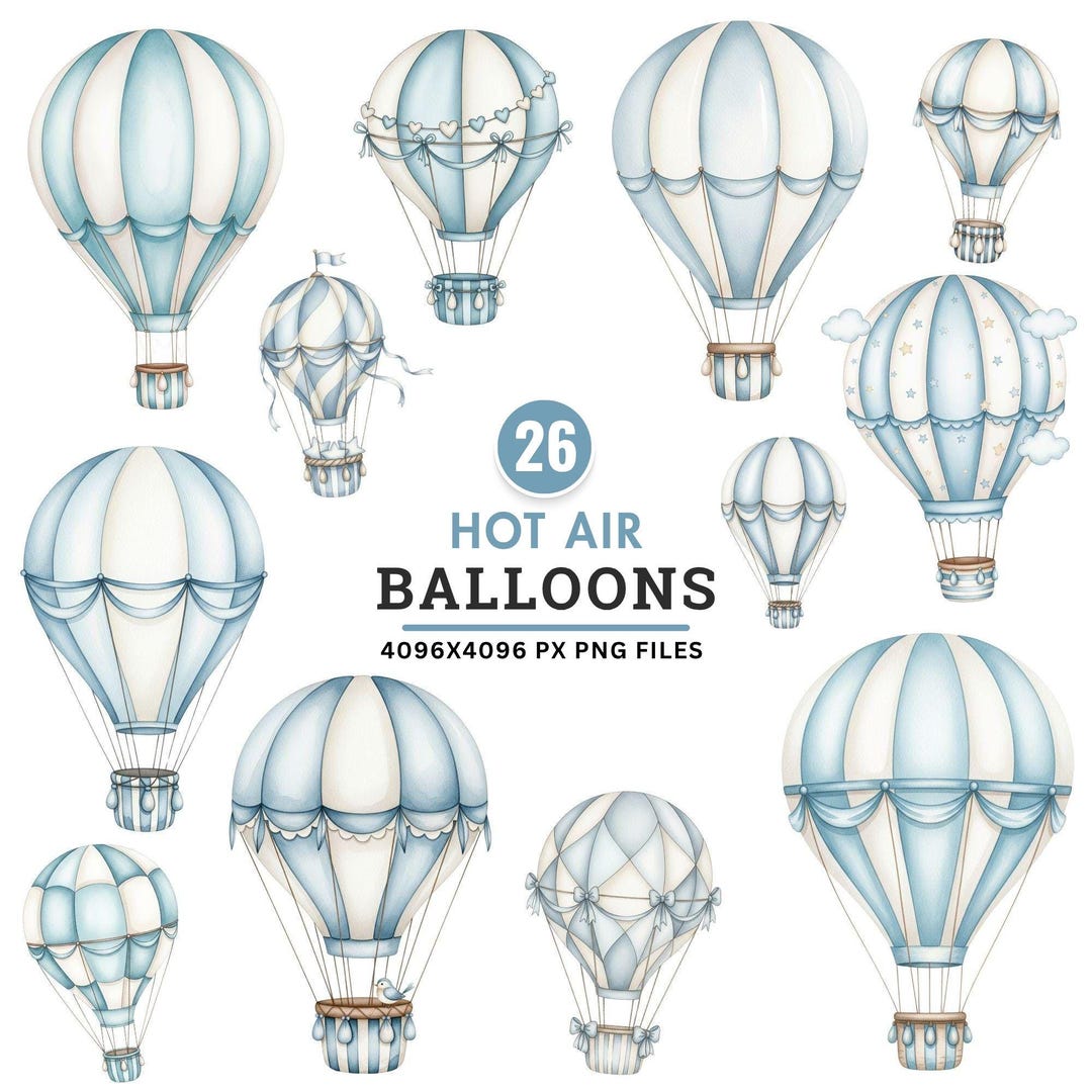 Blue Hot Air Balloon Clipart, Air Transport Clipart, Watercolor Baby ...