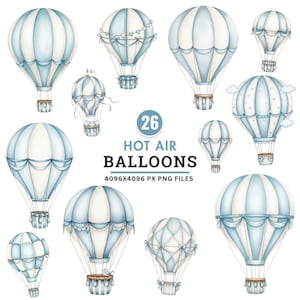 Watercolor blue hot air balloon with vintage baby boy theme, perfect for nursery wall art, baby shower invitations, and digital baby journals