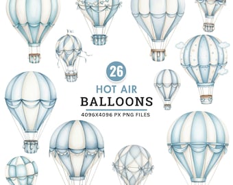 Blue Hot Air Balloon Clipart, Air Transport Clipart, Watercolor Baby Shower PNG, Vintage Nursery Decor, Pastel Balloon Png, Instant Download