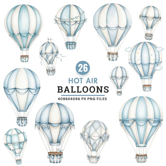 Blue Hot Air Balloon Clipart, Air Transport Clipart, Watercolor Baby Shower PNG, Vintage Nursery Decor, Pastel Balloon Png, Instant Download