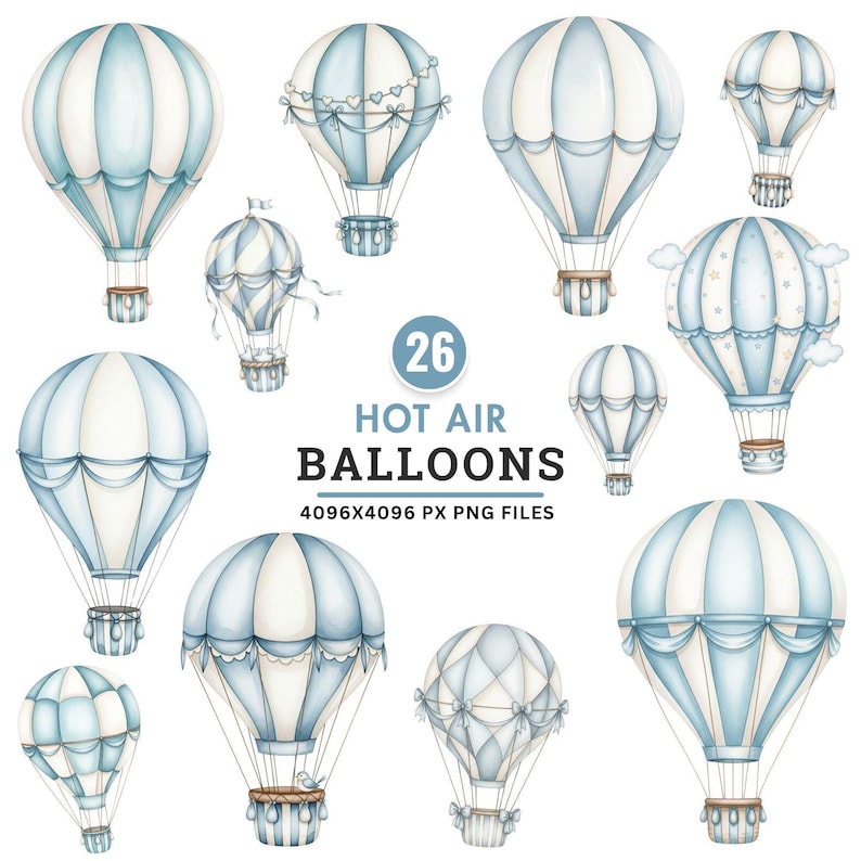 Watercolor blue hot air balloon with vintage baby boy theme, perfect for nursery wall art, baby shower invitations, and digital baby journals