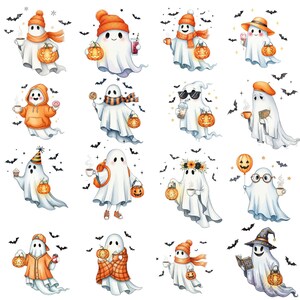 Cute ghost PNG illustrations in watercolor style, perfect for Halloween stickers, sublimation printing, and commercial use crafting projects.