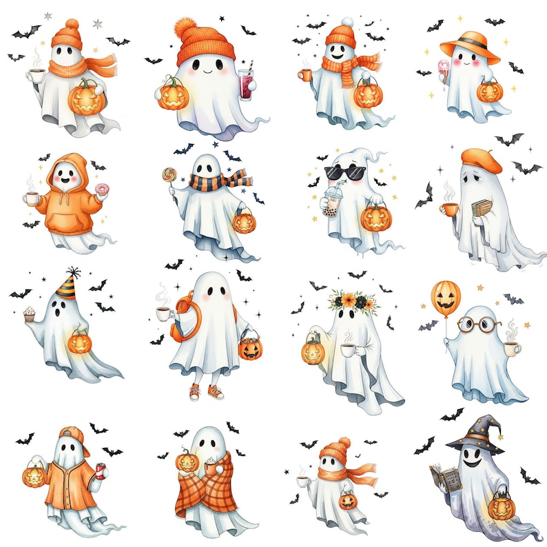 Cute ghost PNG illustrations in watercolor style, perfect for Halloween stickers, sublimation printing, and commercial use crafting projects.