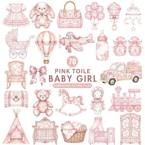 Puede incluir: Una colección de ilustraciones rosas de bebé niña. La imagen incluye un vestido, un conejito de peluche, un bolso, globos, un sonajero, un cochecito, un globo aerostático, un avión, un biberón, zapatos, una silla, un lazo, una camioneta, un cofre, un oso de peluche, un caballito balancín, una muñeca, un tren, un tipi, una cuna, una cesta y un armario.