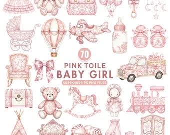 Pink Toile Baby Clipart, Chinoiserie It's A Girl Baby Shower, Toile De Jouy Clipart, Watercolor Floral, Vintage French Baby Girl, Teddy Bear