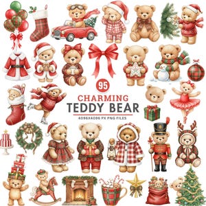 May include: A collection of 95 charming teddy bear illustrations with a Christmas theme. The bears are dressed in festive outfits, holding gifts, and surrounded by holiday decorations like stockings, wreaths, and Christmas trees. The text "Charming Teddy Bear" is displayed.