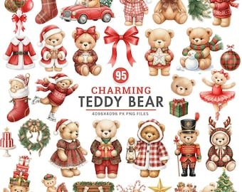 May include: A collection of 95 charming teddy bear illustrations in a Christmas theme. The bears are dressed in festive outfits, holding gifts, and surrounded by holiday decorations like stockings, wreaths, and Christmas trees. The text "Charming Teddy Bear" is displayed.