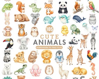 May include: A selection of 105 watercolour illustrations of adorable animals, such as a panda, fox, and giraffe. The text "CUTE ANIMALS" is displayed in the centre, with the file size information below.