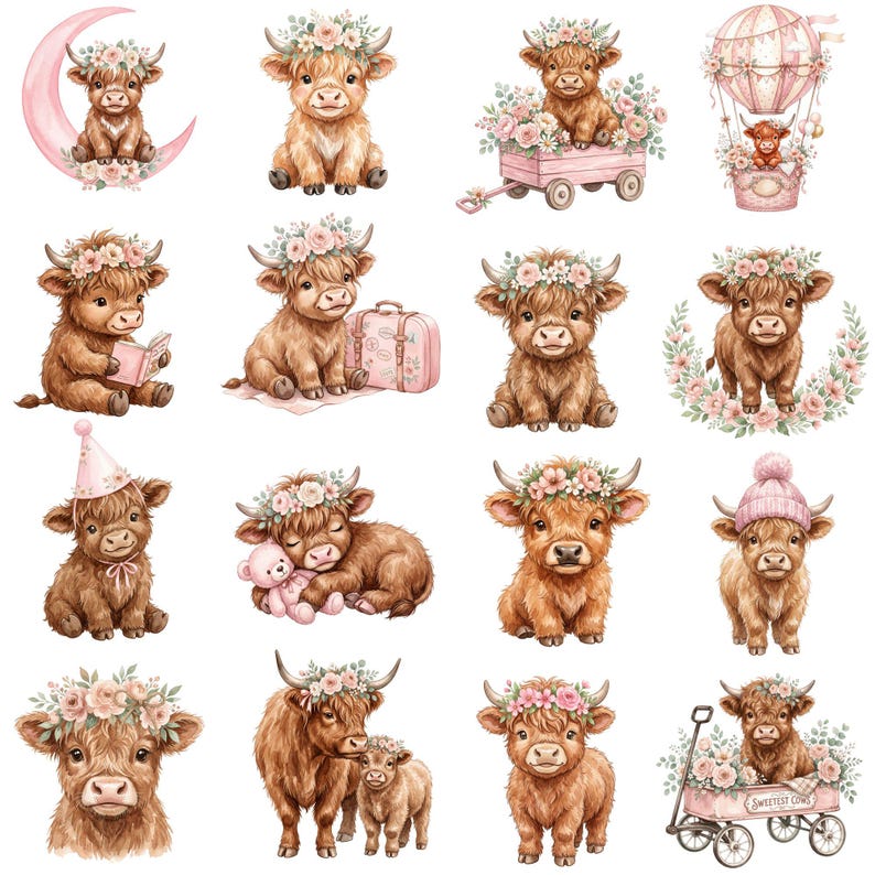 Cute pink highland cow illustration in watercolor style with floral accents, ideal for farmhouse themed prints, stickers, and digital crafts.
