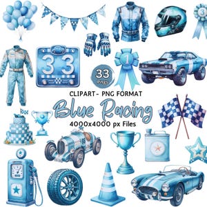 Blue Racing clipart bundel aquarel vintage race auto clipart PNG jongen verjaardag kwekerij decor digitale clipart racer voertuig commercieel gebruik