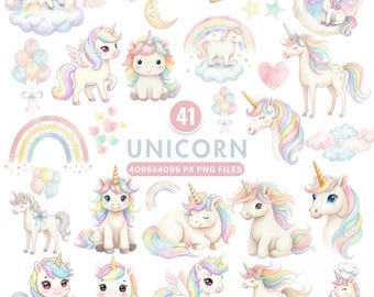 Puede incluir: Una colección de 41 ilustraciones de unicornios en acuarela en colores pastel. La imagen incluye unicornios con crines y colas de arcoíris, nubes, arcoíris, corazones, estrellas y globos. El texto dice "UNICORN" y "4096x4096 PX PNG FILES."