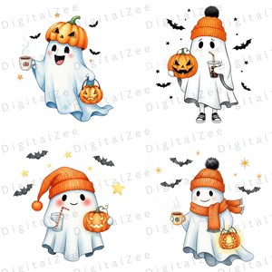 Hand-painted kawaii ghost clipart with pumpkins and spooky Halloween elements, great for baby shower invites, junk journals, and wall art.