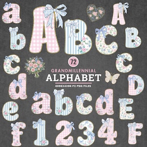 May include: A collection of alphabet letters and numbers in a Grandmillennial style. The letters and numbers feature floral patterns, gingham, and striped designs in pastel pink and blue, adorned with blue bows. The image includes the text "GRANDMILLENNIAL ALPHABET".