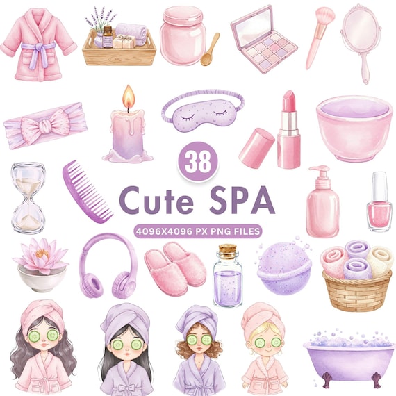 Watercolor Spa Clipart, Cute Spa Girls PNG, Pamper Party Clipart, Self Care Aesthetic, Manicure Pedicure, Relaxing Bath, Sublimation Design