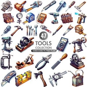 Tools Clipart, Watercolor Tool Collection, Mechanic Tool Png, Hammer, Wrench, Screwdriver, Drill, Tape Measure, DIY Graphics, Commercial Use