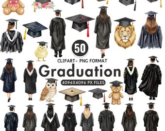 Watercolor Graduation Clipart, Graduation Cap Clipart, Female Graduate Clipart, Cap and Gown PNG, Diploma, Class of 2025 Graduation Clipart