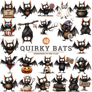 May include: A collection of 40 digital illustrations featuring cartoon bats in various poses and activities, including holding signs that read I DON'T DO MORNINGS, BOO, and BAT FUEL, wearing accessories like 3D glasses and hats, and interacting with items like pumpkins, skulls, and coffee mugs.
