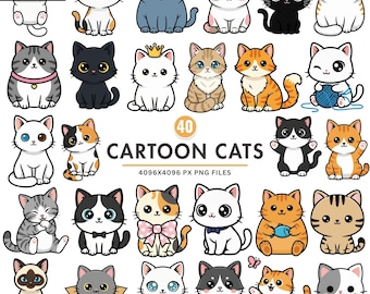 Cartoon Cat Clipart, Kawaii Cat PNG, Cute Kitten Clipart, Whimsical Cat Art, Funny Cat Clipart, Printable Cat PNGs, Commercial Use Cliparts