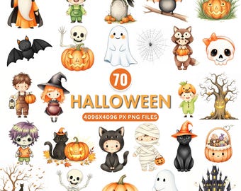 以下が含まれることがあります： 70個のハロウィーンをテーマにしたPNGファイルのコレクション。画像には、魔法使い、コウモリ、幽霊、カボチャ、黒猫、ミイラなど、さまざまなハロウィーンのキャラクターのイラストが描かれています。「HALLOWEEN」というテキストが大きく表示されています。
