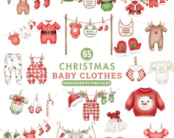 以下が含まれることがあります： 水彩画イラスト。クリスマスベビー服65点。ロンパース、オーバーオール、ドレス、アクセサリーなど。服は赤、緑、白で、トナカイ、雪だるま、キャンディーケーンなどのお祭りデザイン。テキスト「Christmas Baby Clothes」が表示されています。