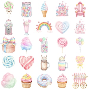 Cute pastel sweets PNG set with watercolor ice cream, cotton candy, lollipops, and macarons for digital design projects