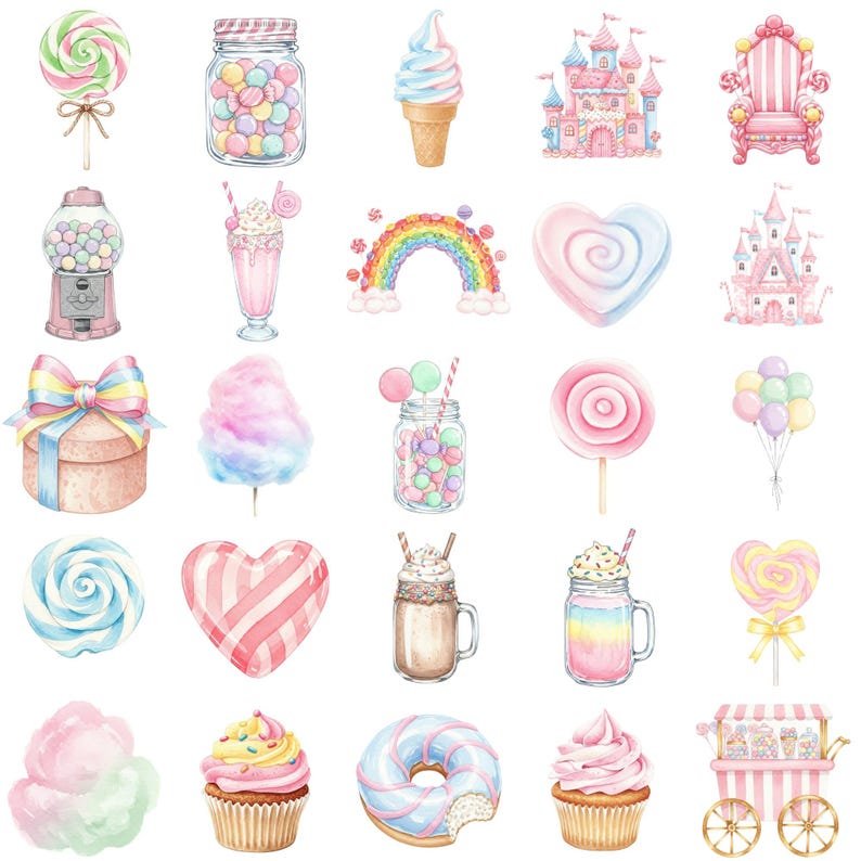 Cute pastel sweets PNG set with watercolor ice cream, cotton candy, lollipops, and macarons for digital design projects