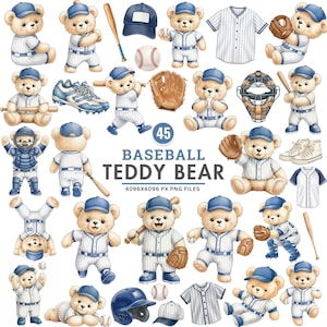 Puede incluir: Ilustraciones de acuarela de osos de peluche con uniformes y equipamiento de béisbol. Los osos están representados en varias poses, sosteniendo bates, usando guantes y jugando al béisbol. El texto "BASEBALL TEDDY BEAR" está presente.