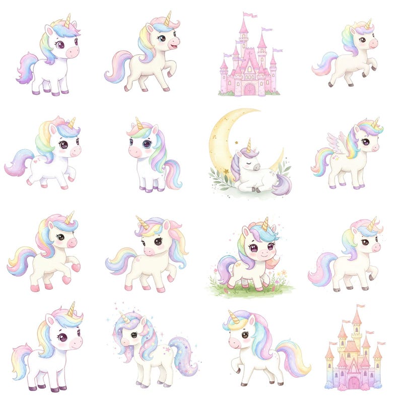Magical unicorn clipart bundle in PNG format for nursery prints and sublimation projects