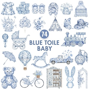 Blue Toile Baby Clipart, Blue Chinoiserie Clipart, French Toile De Jouy Png, Watercolor Floral Elements, Baby Boy Shower Clip Art, Nursery