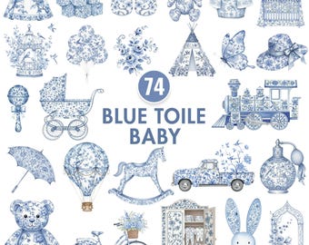 Blue Toile Baby Clipart, Blue Chinoiserie Clipart, French Toile De Jouy Png, Watercolor Floral Elements, Baby Boy Shower Clip Art, Nursery