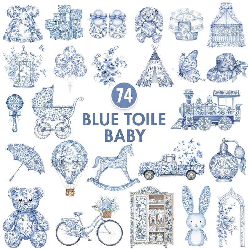 Watercolor blue toile baby clipart set featuring vintage toys, teddy bear, bunny, and elegant floral chinoiserie designs for baby shower invitations