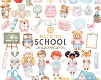 May include: Watercolor illustration with a 'Back to School' theme. Features various school supplies, including a backpack, books, pencils, and a school bus. Includes the text "Back to School" and "Learning is Fun!"