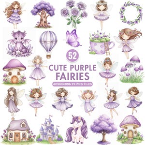 Purple Fairies Clipart, Watercolor Fairy PNG, Magical Forest Clipart, Fairy Garden Illustrations, Cute Fairy House PNG, Baby Shower Clipart