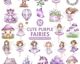 Op de afbeelding: Een verzameling van 52 aquarel illustraties met schattige paarse feeën, een draak, een eenhoorn, een luchtballon en andere grillige elementen. De tekst luidt "Cute Purple Fairies" en "4096x4096 px PNG files".