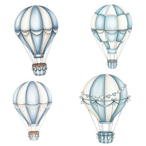 Cute blue hot air balloon with whimsical details and clouds, ideal for baby shower clipart bundles, printable nursery decor, and boy-themed parties