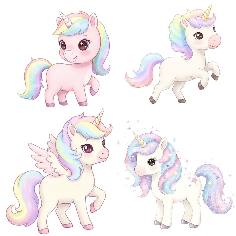 Pastel rainbow unicorn watercolor PNGs for baby girl nursery wall art and party printables