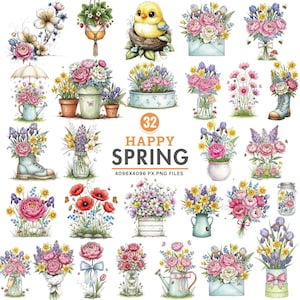 May include: A collection of 32 watercolor illustrations with a spring theme. The images include bouquets of flowers, a baby bird in a nest, and the words "Happy Spring". The images are in PNG format.