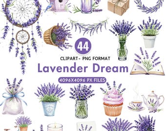 Watercolor Lavender Clipart, Purple Garden Flowers, Lavender Wreaths, Spring Cottage Floral PNG, Lavender Bouquet, Clipart Commercial Use