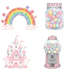 Digital watercolor sweets PNG files with pastel macarons, ice cream, cotton candy, and cake pops for printable crafts