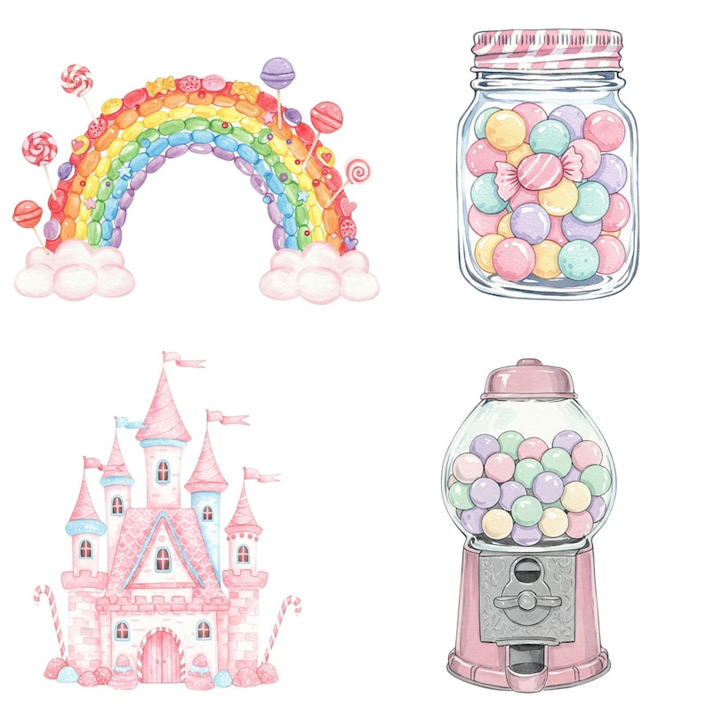 Digital watercolor sweets PNG files with pastel macarons, ice cream, cotton candy, and cake pops for printable crafts