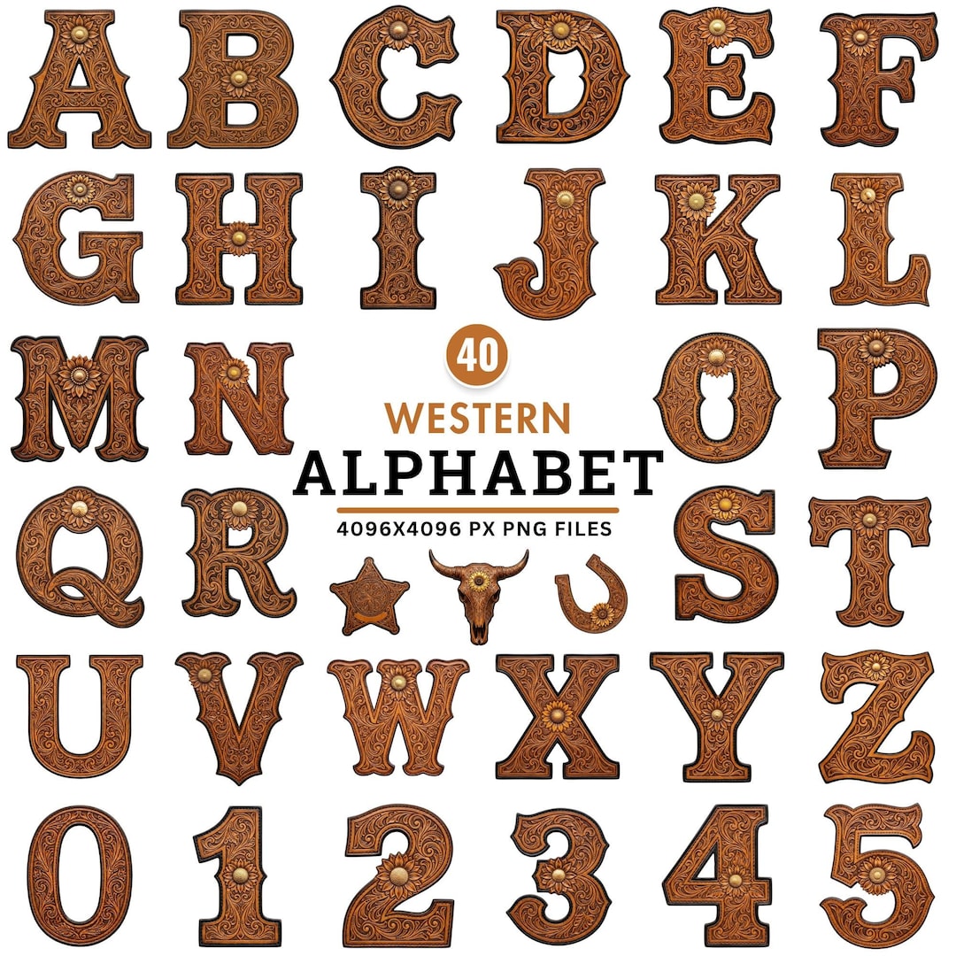 Leather Script Western Tooled Leather Alphabet Clipart, Cowboy Letters Png, Turquoise ...