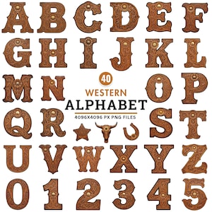 Könnte beinhalten: Eine Sammlung von 40 Buchstaben und Zahlen des Western-Alphabets in braunem, geprägtem Lederdesign. Jeder Buchstabe hat ein florales oder dekoratives Element. Das Bild enthält den Text "Western Alphabet".