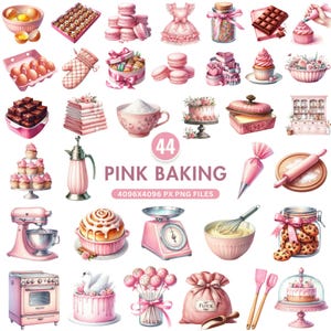 Pink Baking Clipart, Vintage Bakery Supplies PNG, Cookie Baking Kitchen Utensils Culinary Clipart, Home Baking Decor, Commercial Use