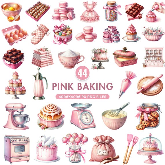 Pink Baking Clipart, Vintage Bakery Supplies PNG, Cookie Clipart, Baking Kitchen Utensils Culinary Png, Home Baking Decor, Commercial Use
