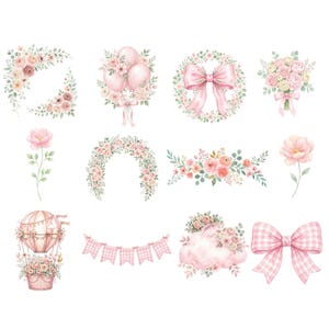 Floral pink highland cow clipart with delicate blossoms around a cute shaggy cow, designed for wall art, greeting cards, and nursery prints.