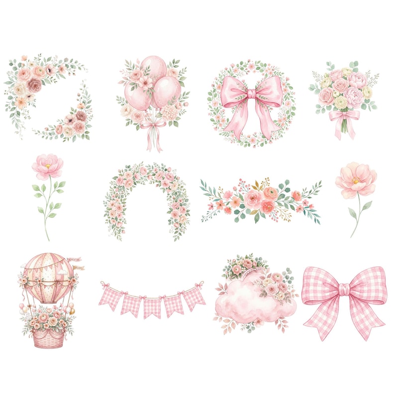 Floral pink highland cow clipart with delicate blossoms around a cute shaggy cow, designed for wall art, greeting cards, and nursery prints.