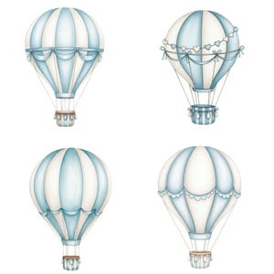 Blue hot air balloon PNG with soft watercolor effect, perfect for boys’ room wall prints, baby shower invitations, and newborn party themes